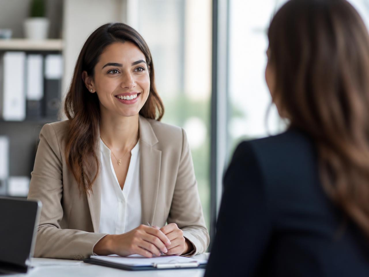 Recruitment consultant speaking with a candidate in a bright office