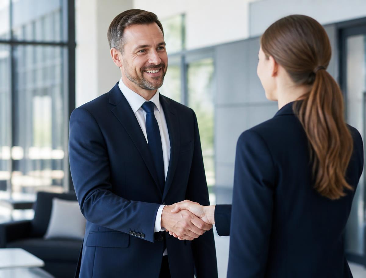 Hiring manager welcoming a candidate in a corporate office