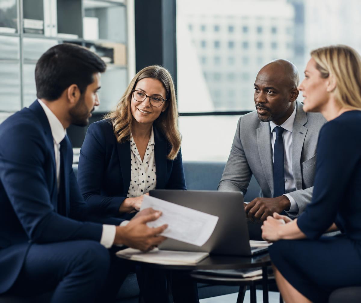 Recruitment professionals meeting with colleagues in a modern office